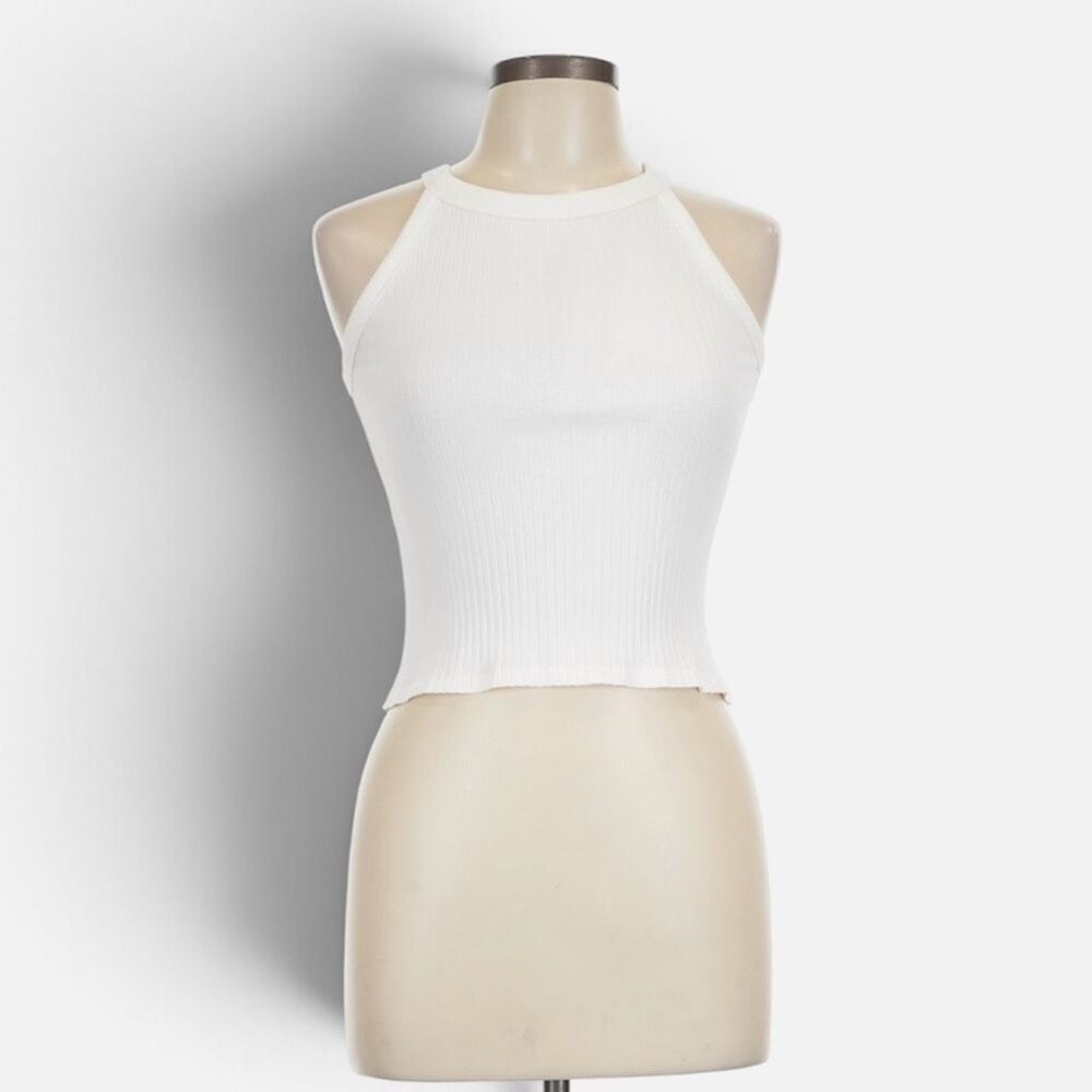 MNG Y2K White Ribbed Halter Tank Top Small Medium Sleeveless